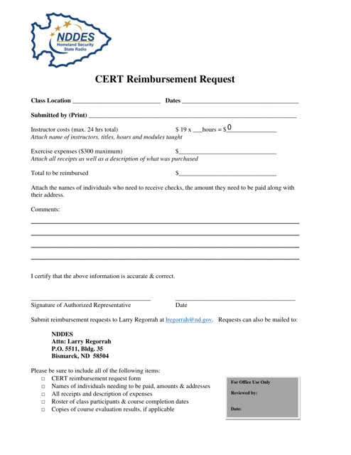 Cert Reimbursement Request - North Dakota