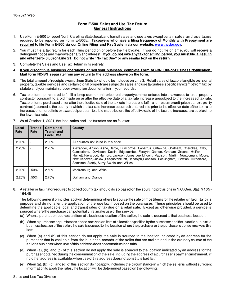 Download Instructions for Form E-500 Sales and Use Tax Return PDF ...