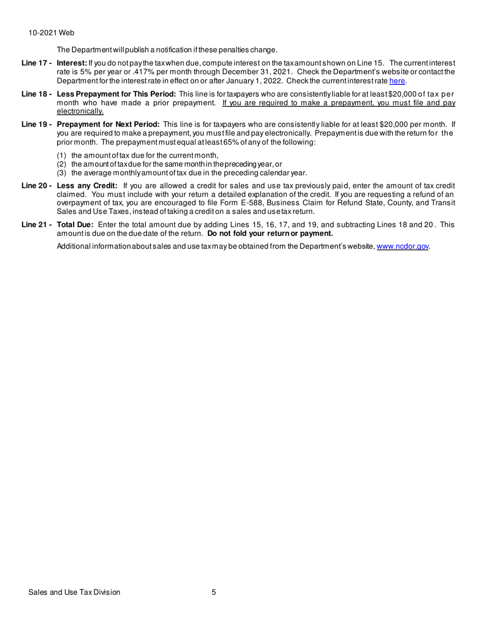 Instructions for Form E-500 Sales and Use Tax Return - North Carolina, Page 5