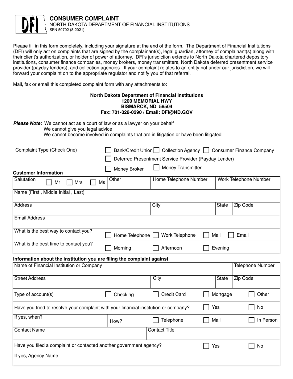 Form SFN50702 Consumer Complaint - North Dakota, Page 1