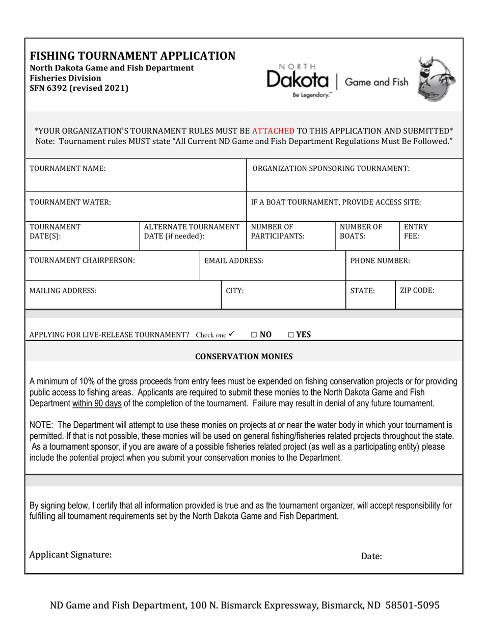 Form SFN6392 Fishing Tournament Application - North Dakota, Page 1