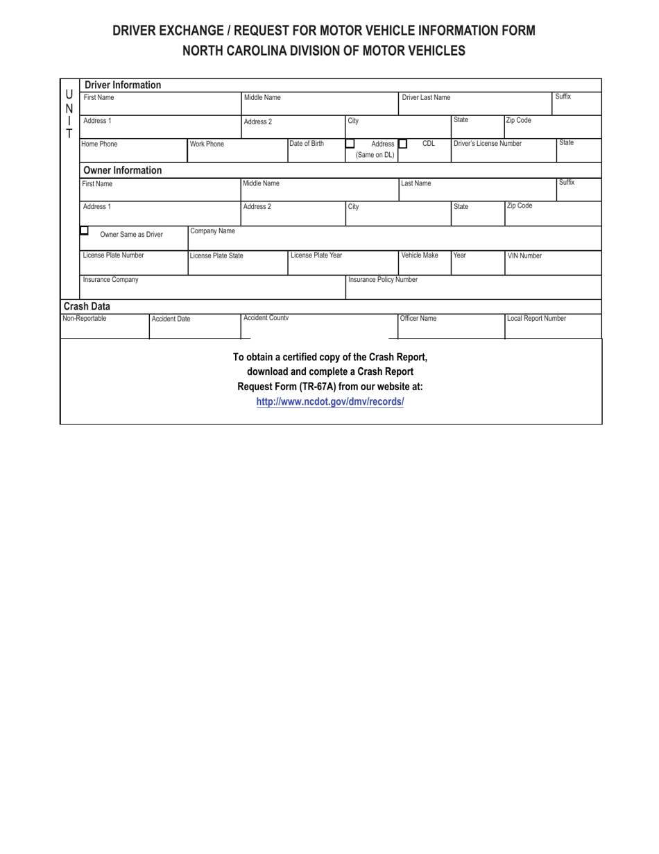 Form DMV-349 Driver Exchange / Request for Motor Vehicle Information Form - North Carolina, Page 1