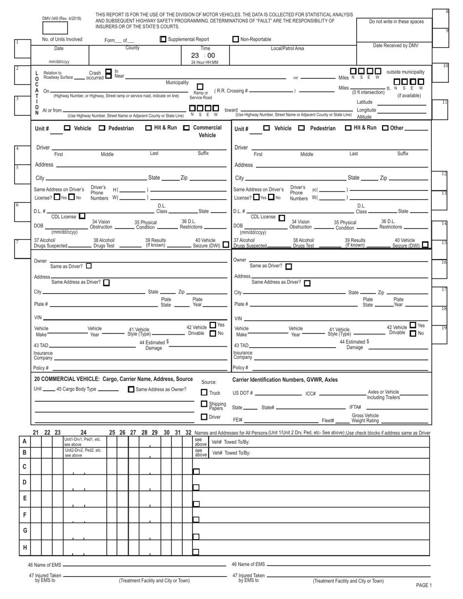 Form DMV-349 Crash Report Form - North Carolina, Page 1