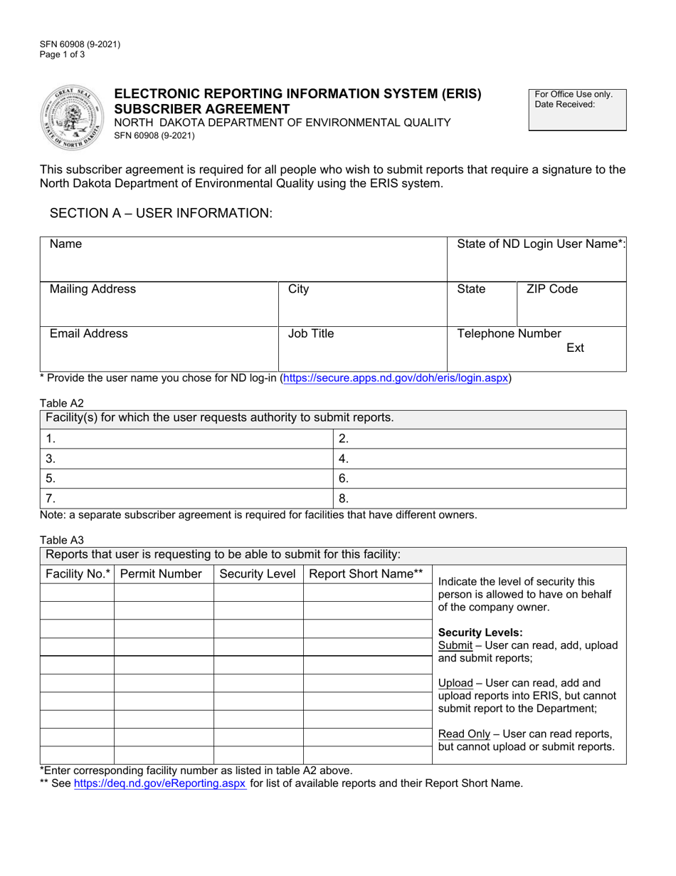 Form SFN60908 Electronic Reporting Information System (Eris) Subscriber Agreement - North Dakota, Page 1