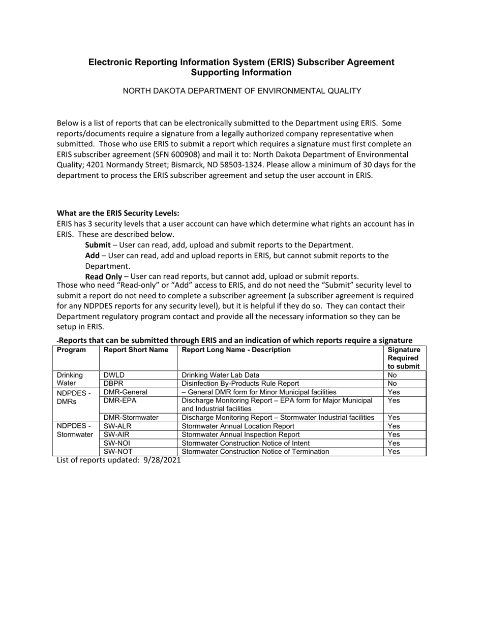 Form SFN60908 Electronic Reporting Information System (Eris) Subscriber Agreement - North Dakota, Page 4
