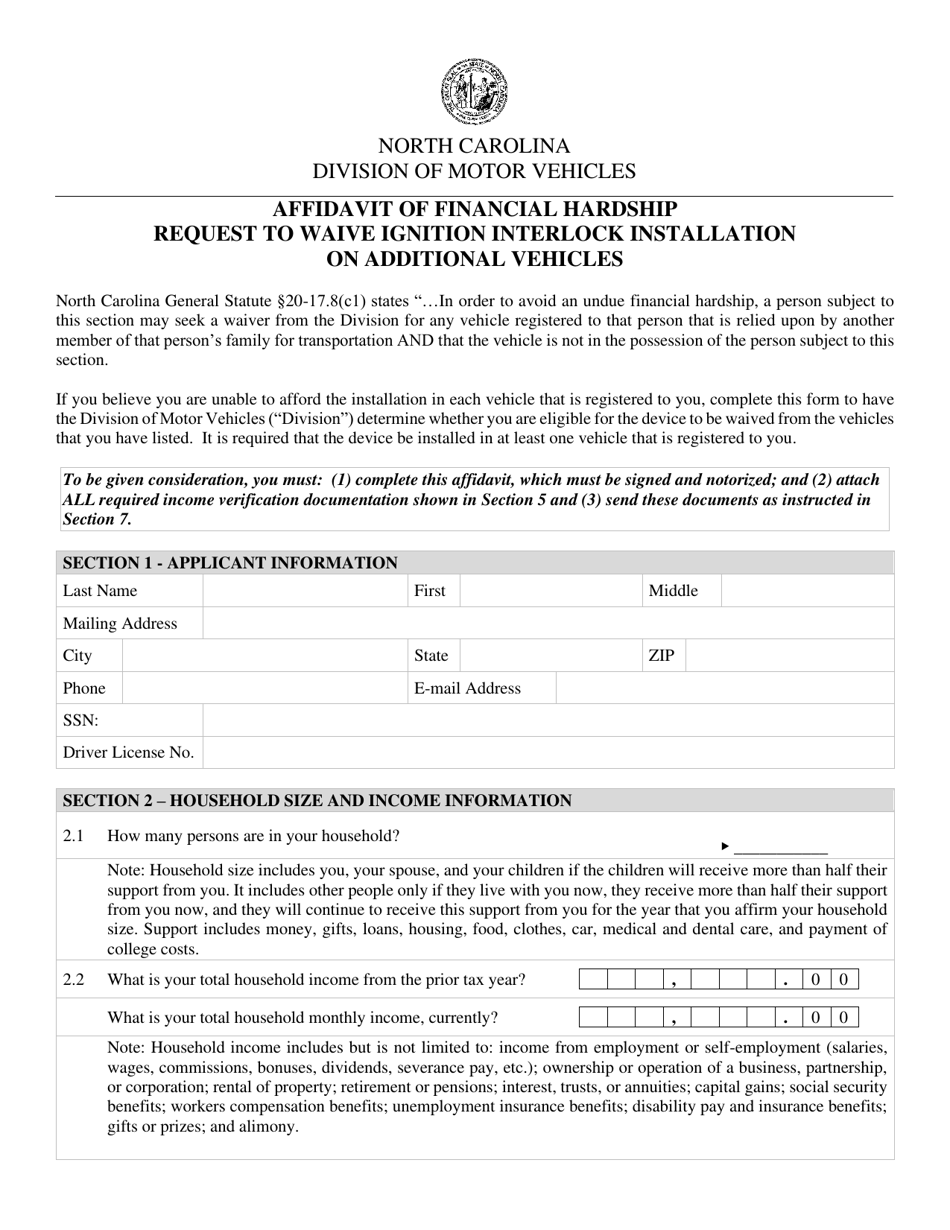 North Carolina Affidavit of Financial Hardship Request to Waive