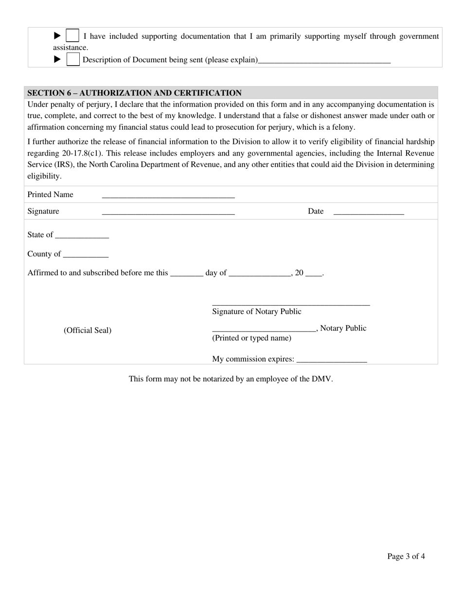 North Carolina Affidavit of Financial Hardship Request to Waive ...