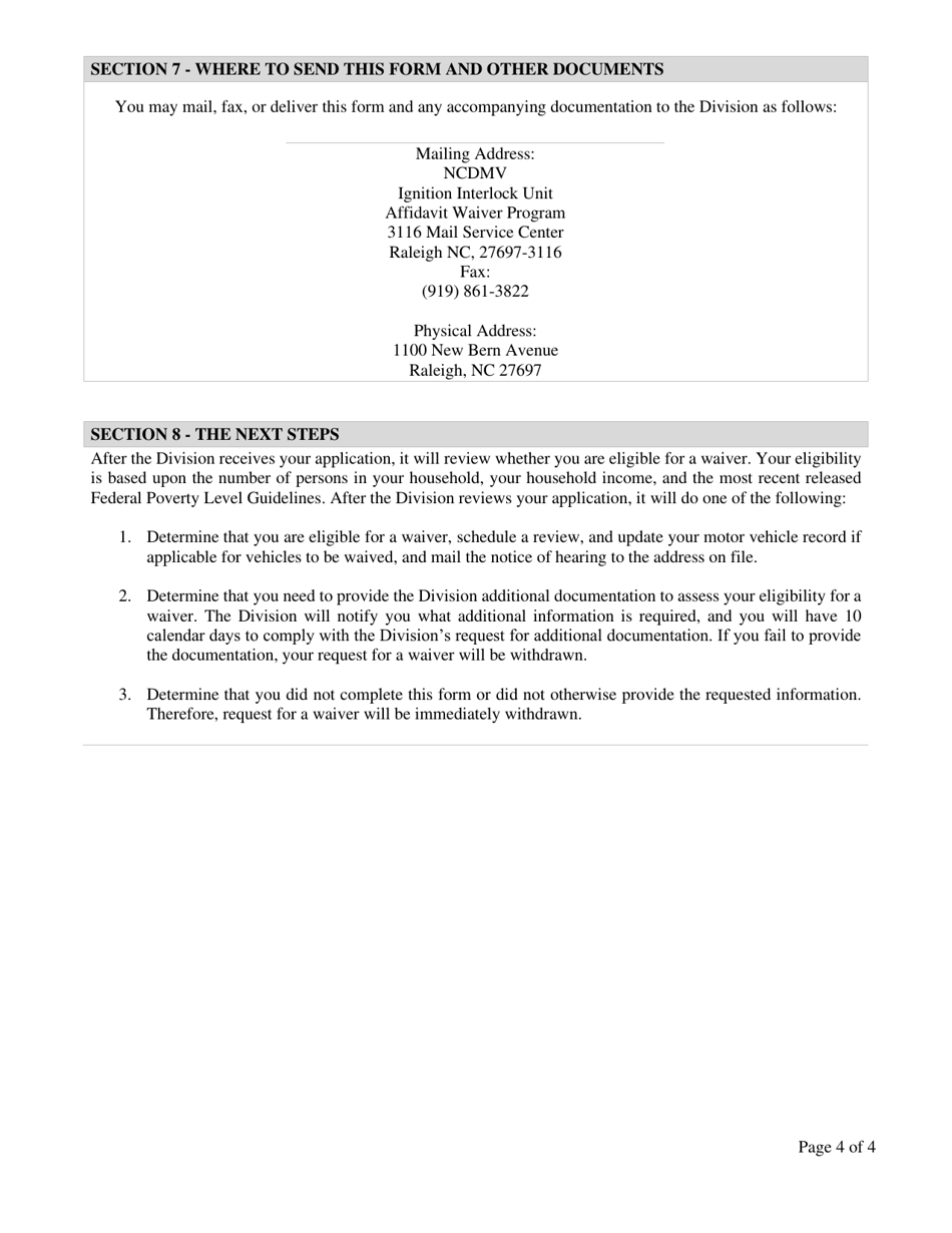 North Carolina Affidavit of Financial Hardship Request to Waive Ignition Interlock Installation