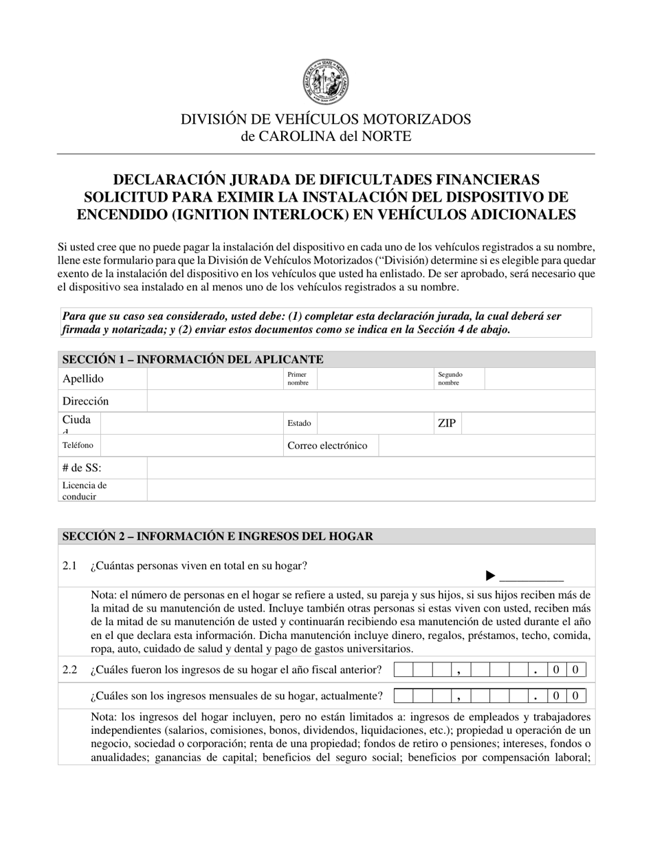 North Carolina Declaracion Jurada De Dificultades Financieras Solicitud