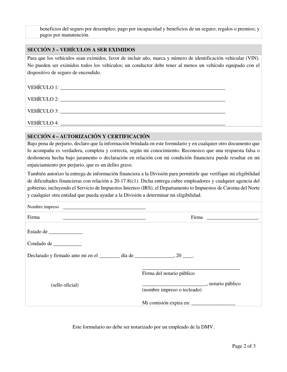 Declaracion Jurada De Dificultades Financieras Solicitud Para Eximir La Instalacion Del Dispositivo De Encendido (Ignition Interlock) En Vehiculos Adicionales - North Carolina (Spanish), Page 2