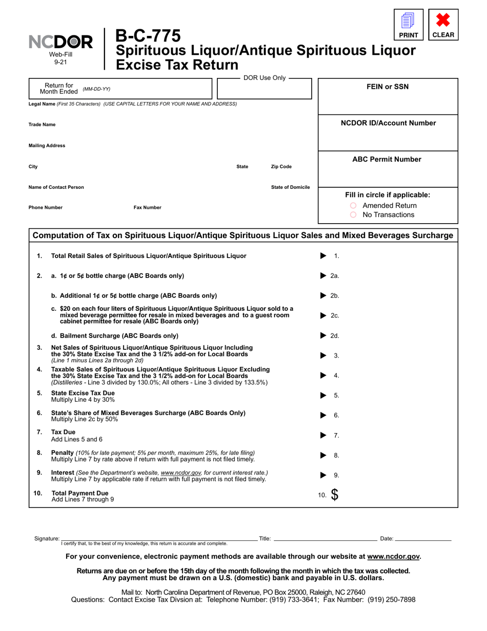 Form B-C-775 Spirituous Liquor / Antique Spirituous Liquor Excise Tax Return - North Carolina, Page 2