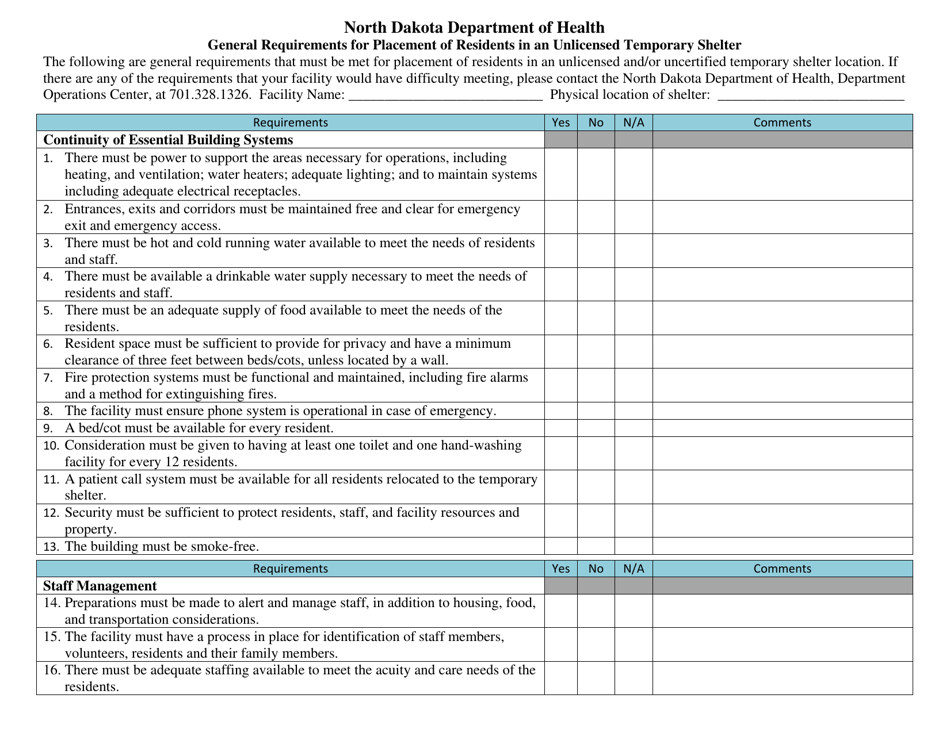 North Dakota General Requirements For Placement Of Residents In An 