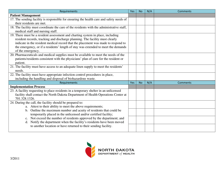 General Requirements for Placement of Residents in an Unlicensed Temporary Shelter - North Dakota, Page 2