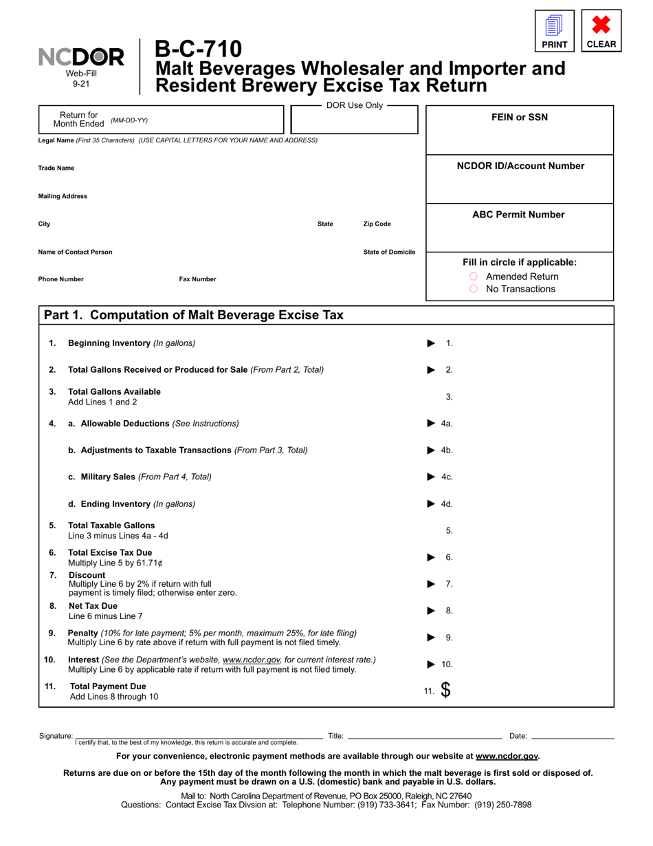 Form B-C-710 Malt Beverages Wholesaler and Importer and Resident Brewery Excise Tax Return - North Carolina, Page 2