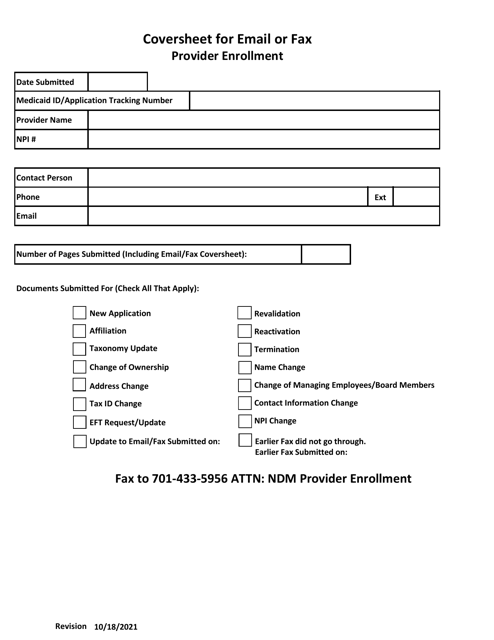 Coversheet for Email or Fax Provider Enrollment - North Dakota