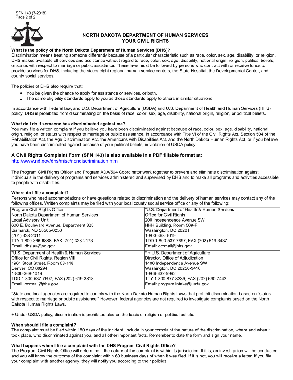 Form SFN143 Civil Rights Complaint - North Dakota, Page 2