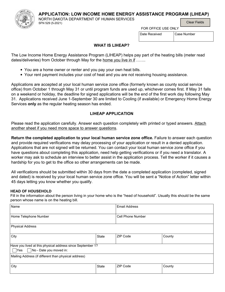 Form SFN529 Application: Low Income Home Energy Assistance Program (Liheap) - North Dakota, Page 1
