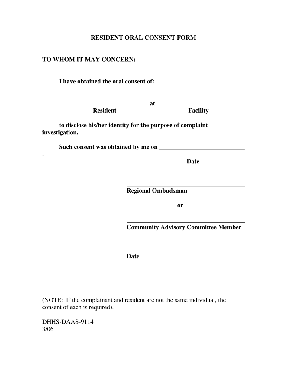 Form DHHS-DAAS-9114 Resident Oral Consent Form - North Carolina, Page 1