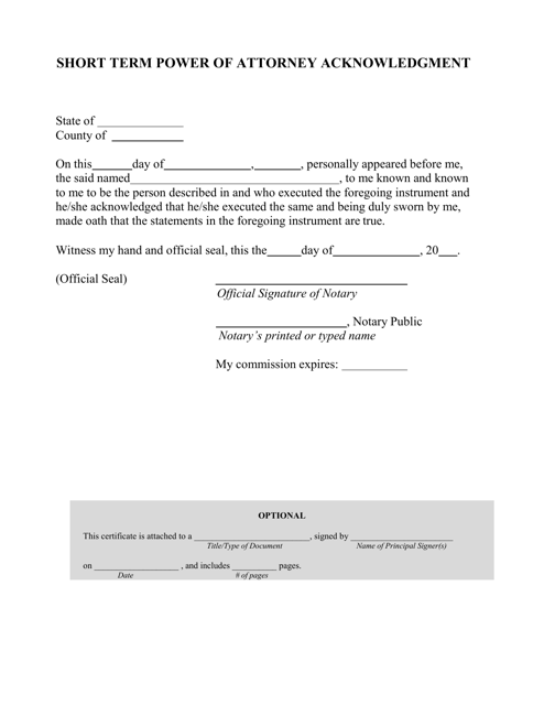 Short Term Power of Attorney Acknowledgment - North Carolina Download Pdf