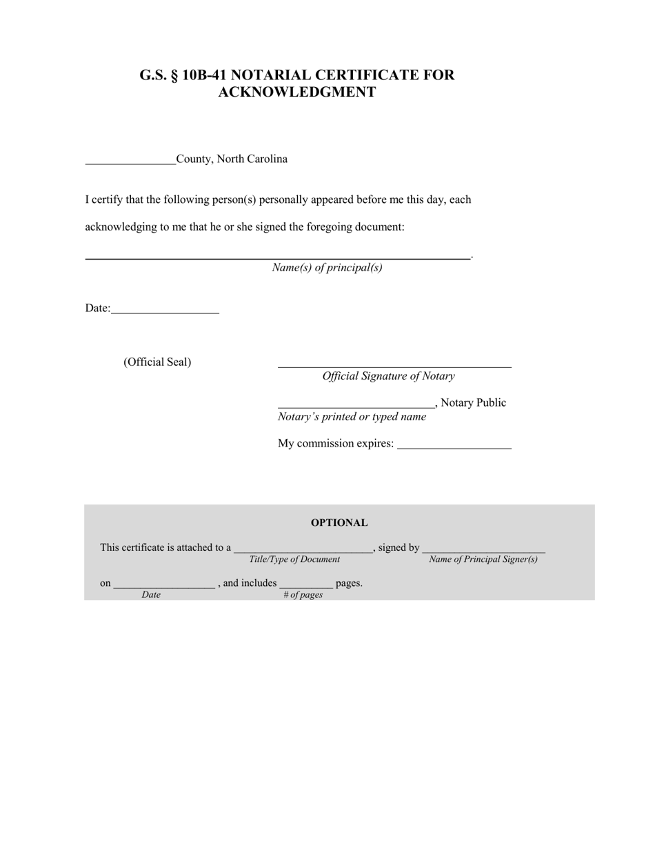Notarial Certificate for Acknowledgment - North Carolina, Page 1