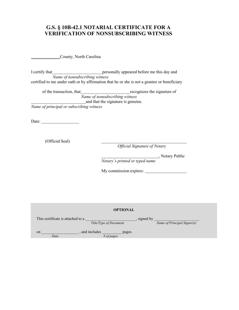 Notarial Certificate for a Verification of Nonsubscribing Witness - North Carolina Download Pdf