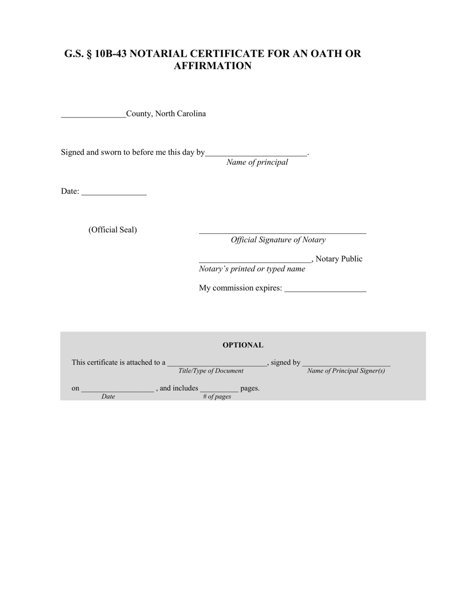 Notarial Certificate for an Oath or Affirmation - North Carolina, Page 1