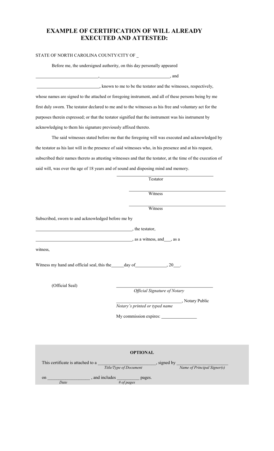 Certification of Will Already Executed and Attested - North Carolina, Page 1