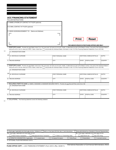 Form UCC1  Printable Pdf