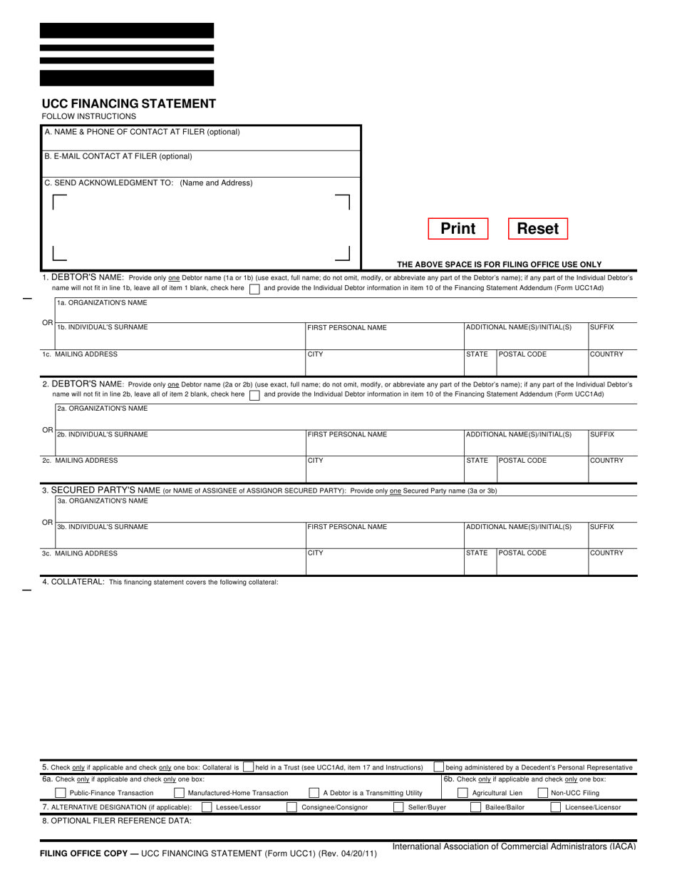 Form UCC1 Ucc Financing Statement, Page 1