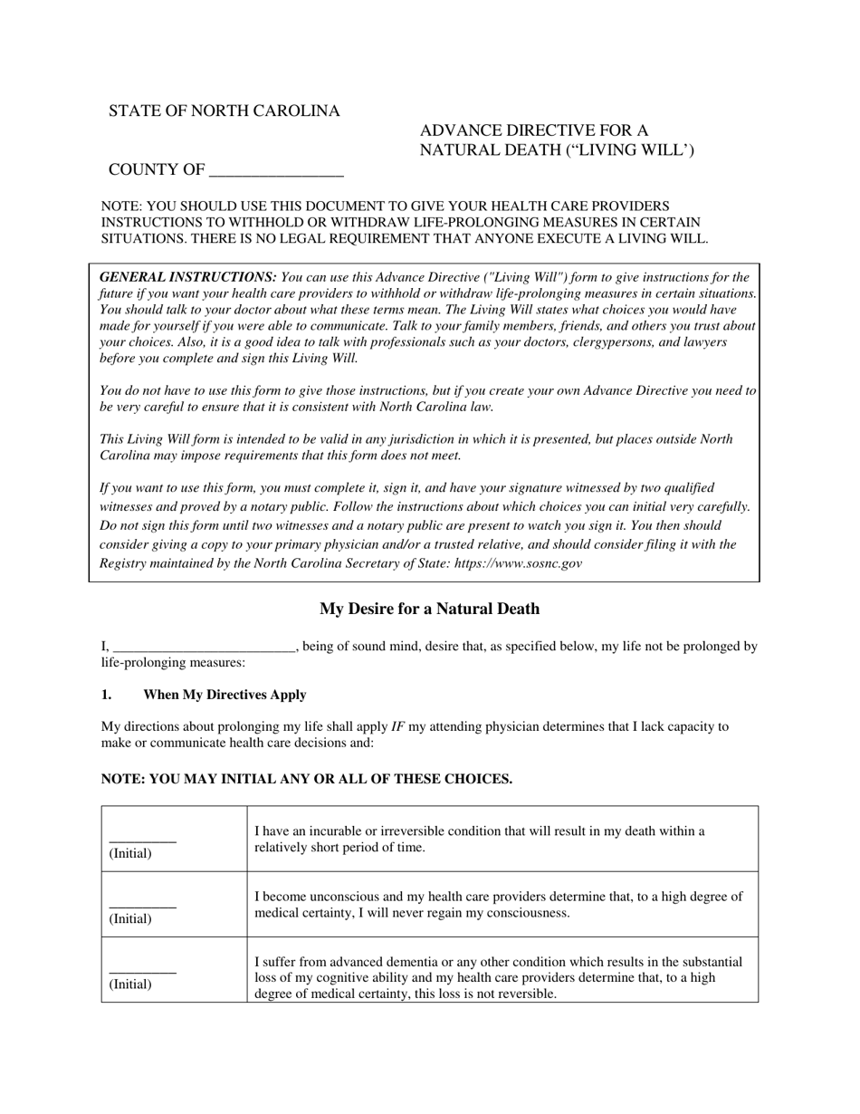 Advance Directive for a Natural Death (living Will) - North Carolina, Page 1