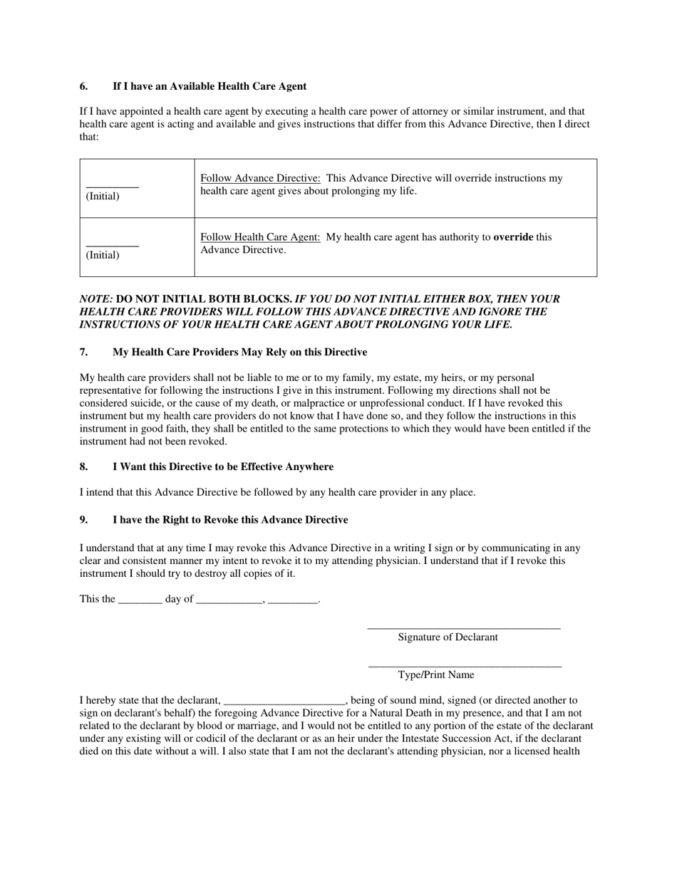Advance Directive for a Natural Death (living Will) - North Carolina, Page 3