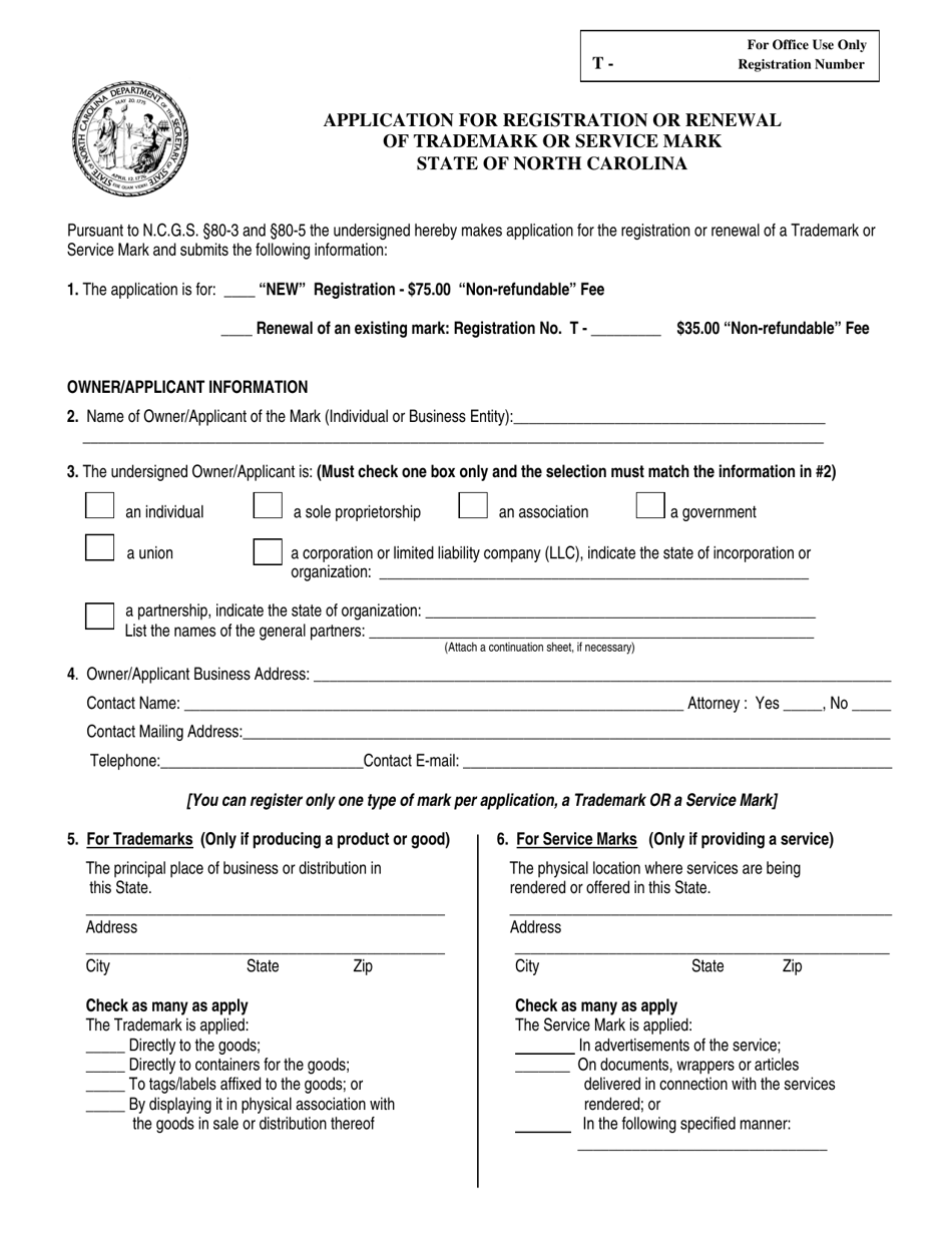 Application for Registration or Renewal of Trademark or Service Mark - North Carolina, Page 1