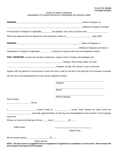 Assignment of Registration of Trademark or Service Mark - North Carolina