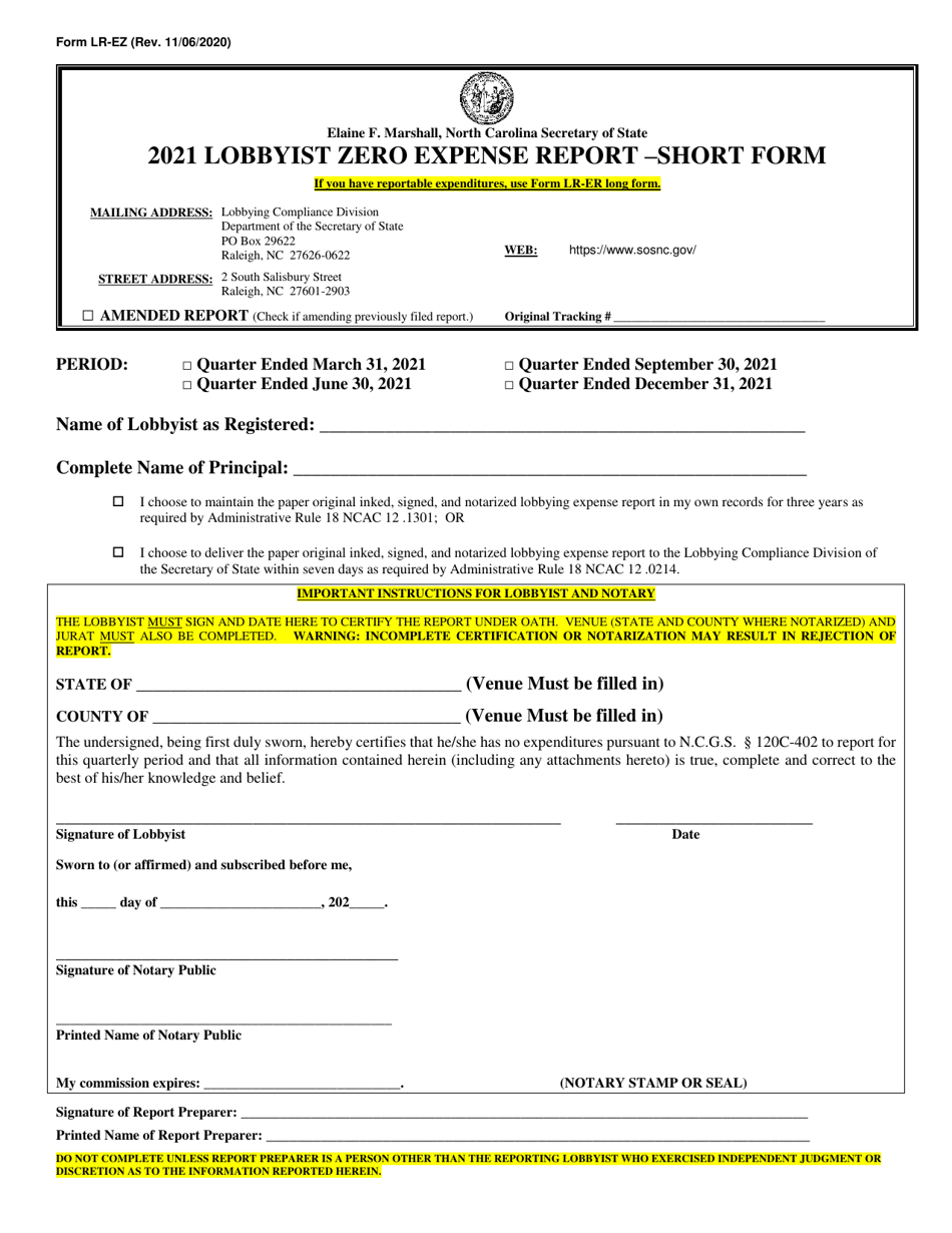 Form LR-EZ Lobbyist Zero Expense Report - Short Form - North Carolina, Page 1