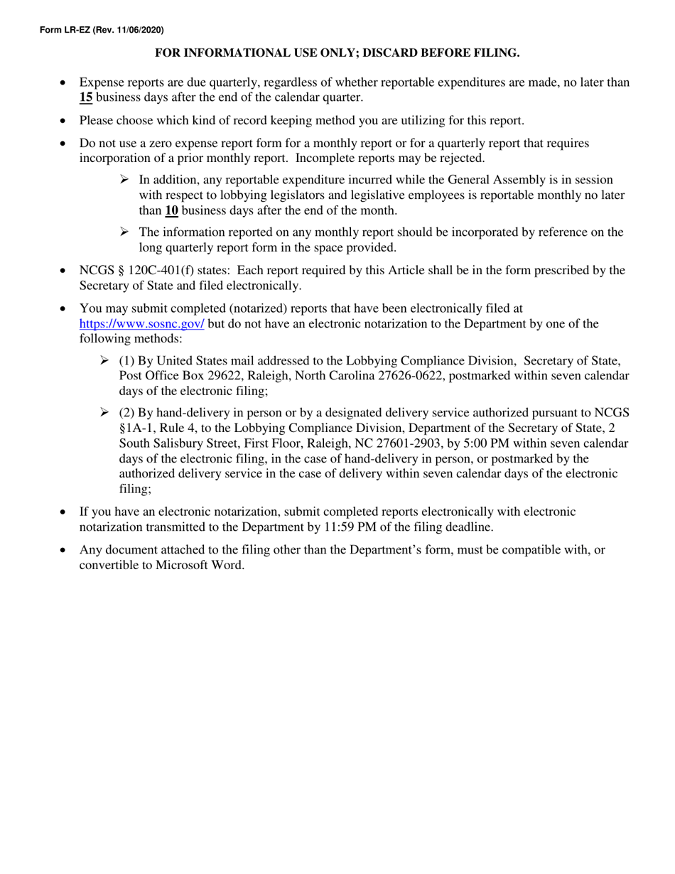 Form LR-EZ Lobbyist Zero Expense Report - Short Form - North Carolina, Page 2