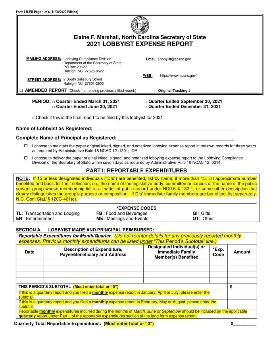 Form LR-ER Lobbyist Expense Report - North Carolina, Page 1