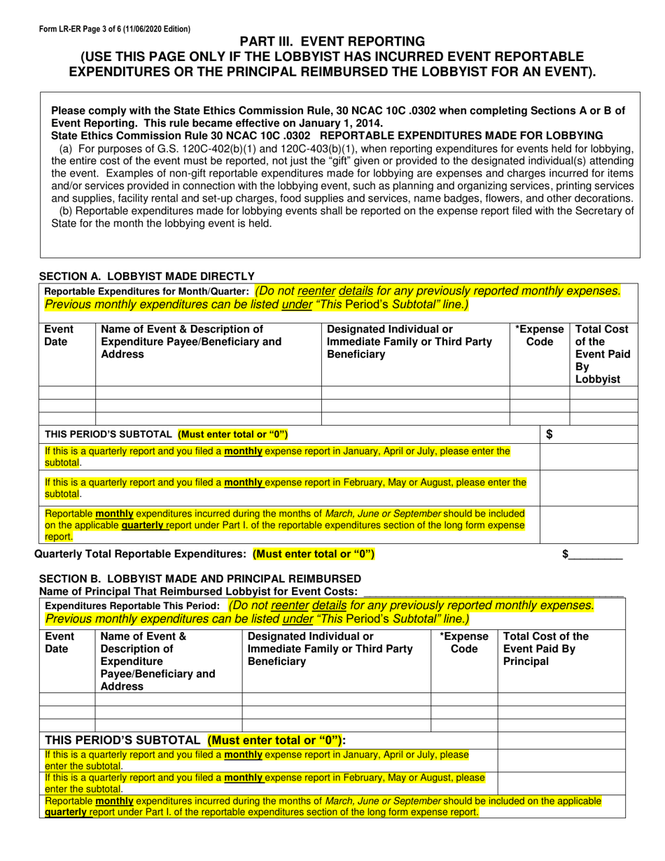 Form LR-ER Lobbyist Expense Report - North Carolina, Page 3