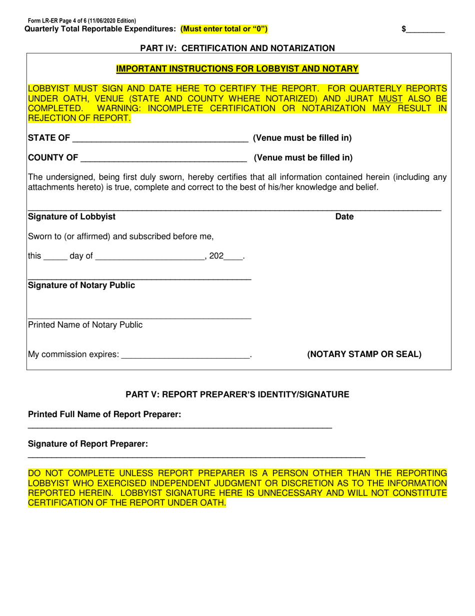Form LR-ER Lobbyist Expense Report - North Carolina, Page 4