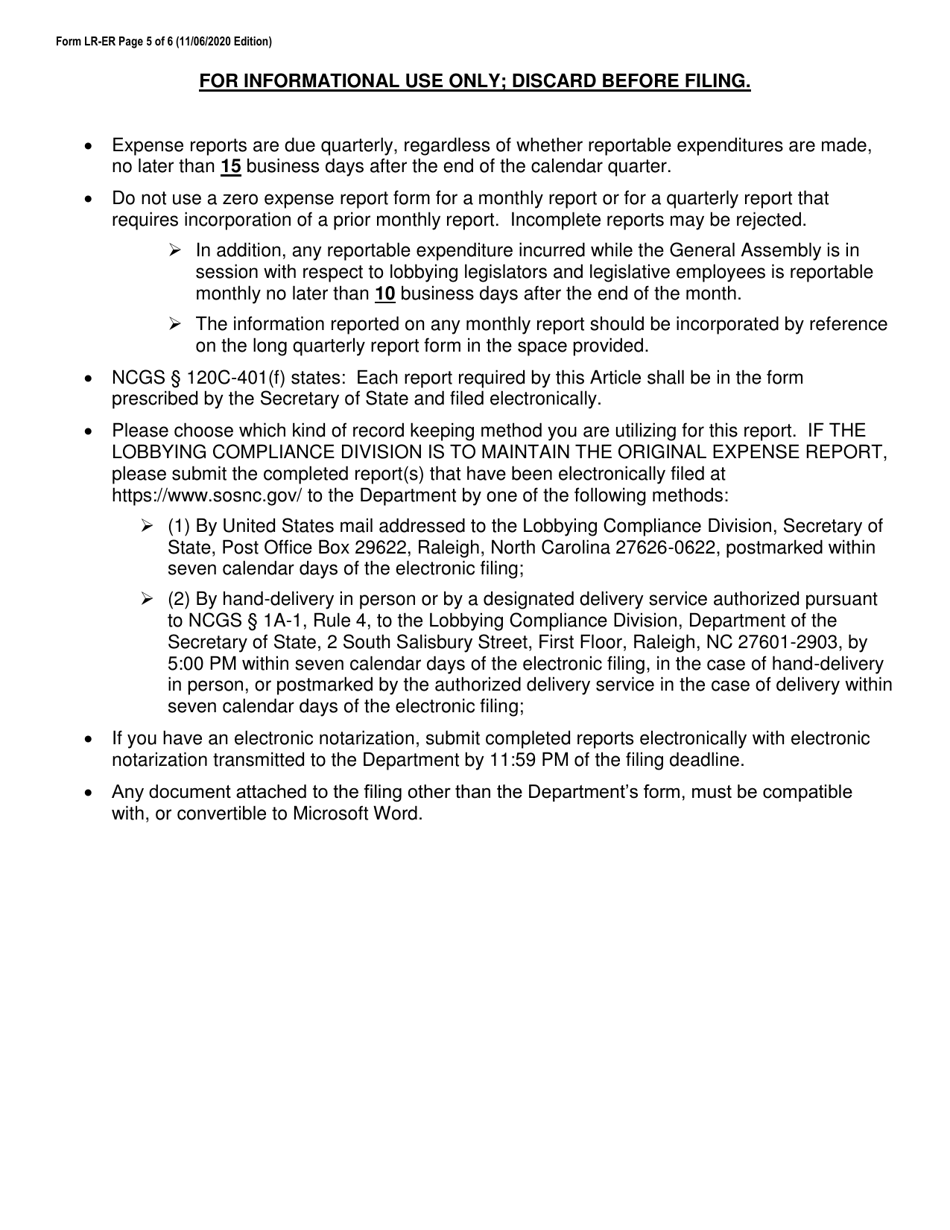 Form LR-ER Lobbyist Expense Report - North Carolina, Page 5
