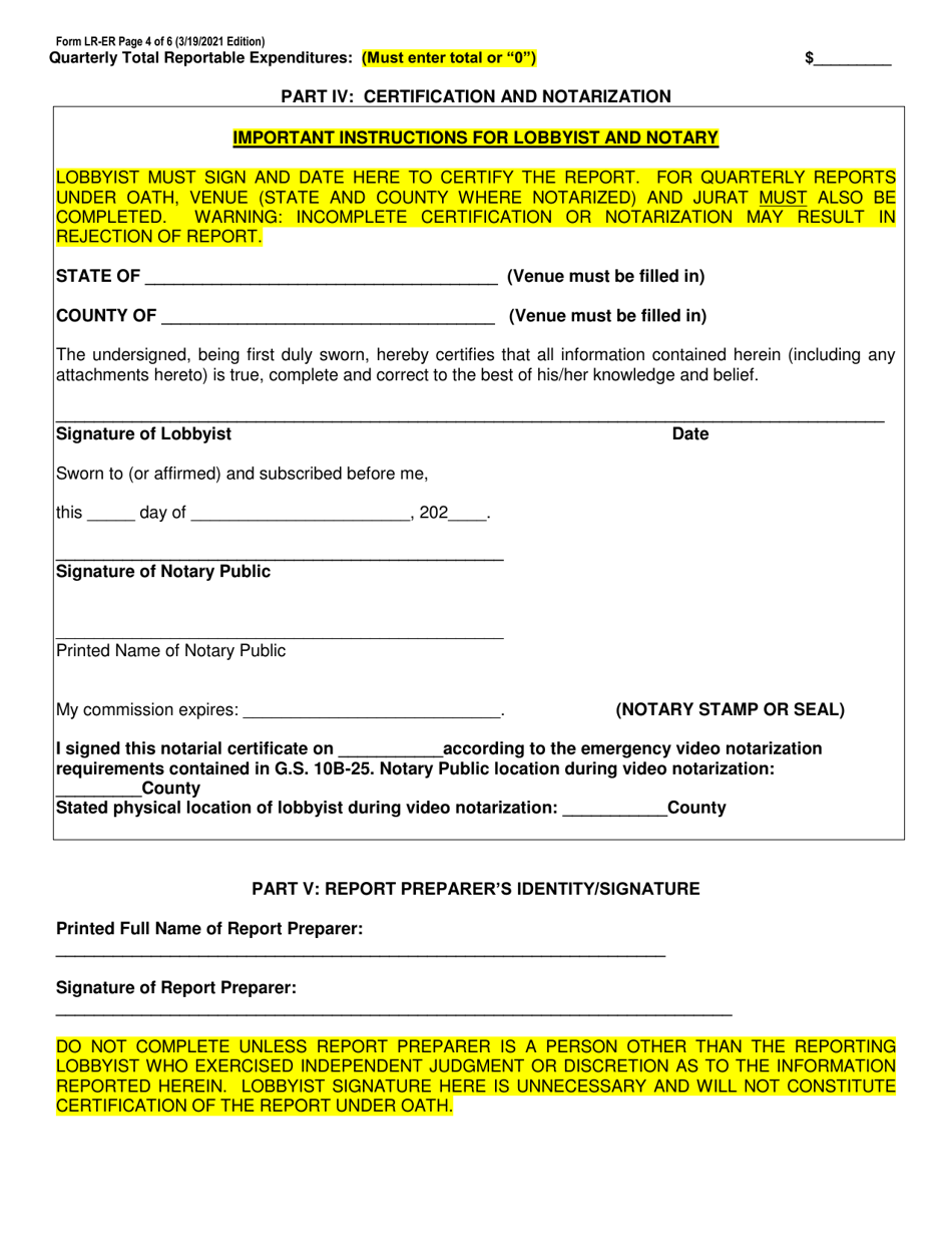 Form LR-ER Lobbyist Expense Report - North Carolina, Page 4