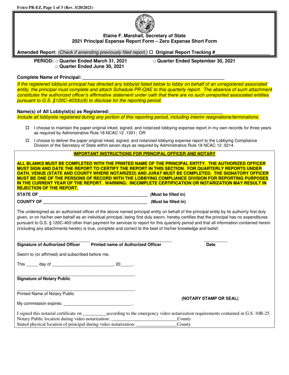 Form PR-EZ Principal Expense Report Form - Zero Expense Short Form - North Carolina, Page 1