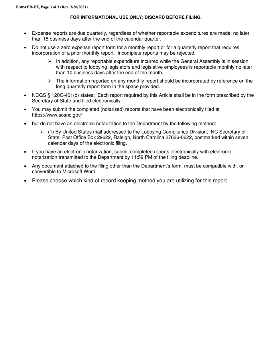 Form PR-EZ Principal Expense Report Form - Zero Expense Short Form - North Carolina, Page 3