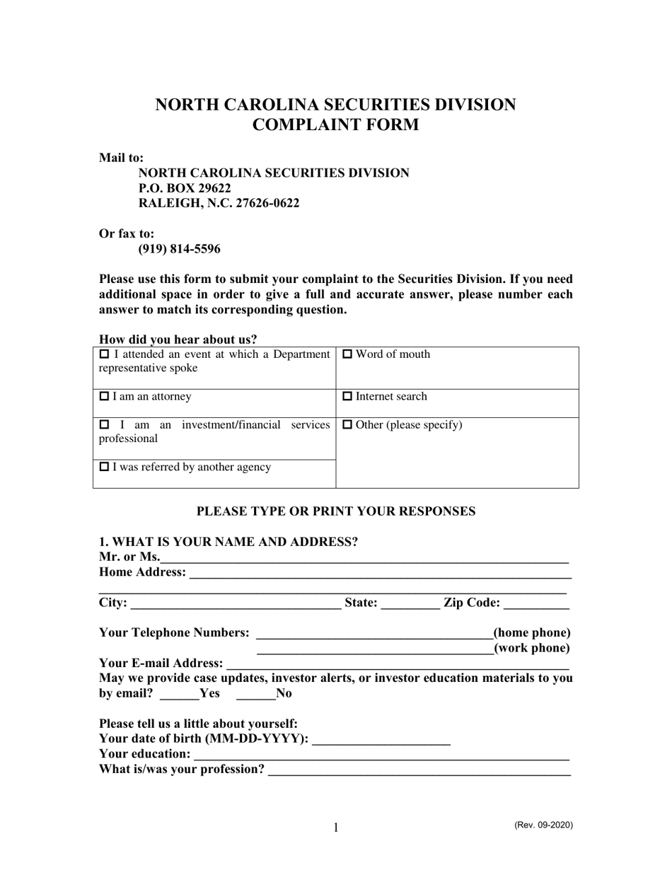 Complaint Form - North Carolina, Page 1