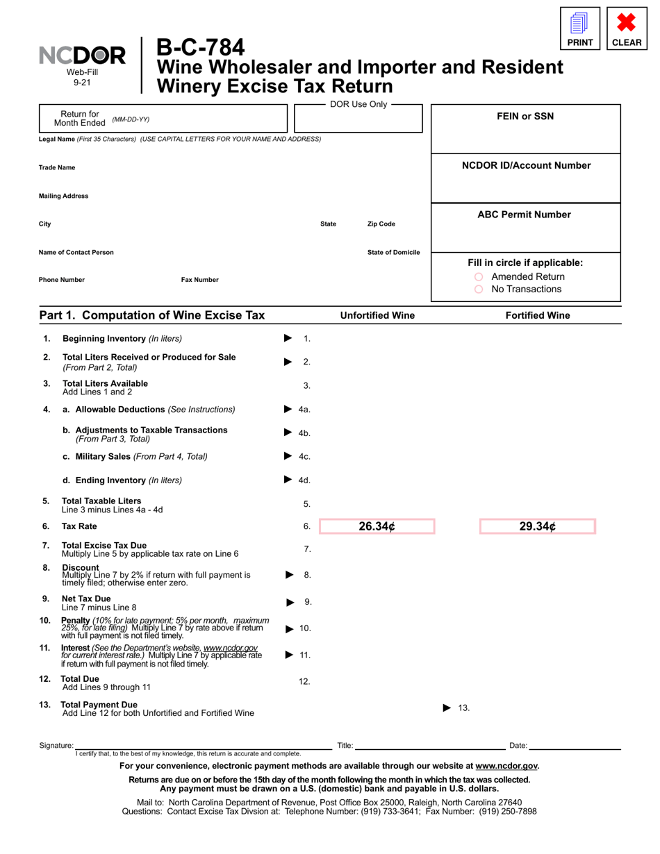 Form B-C-784 Wine Wholesaler and Importer and Resident Winery Excise Tax Return - North Carolina, Page 2