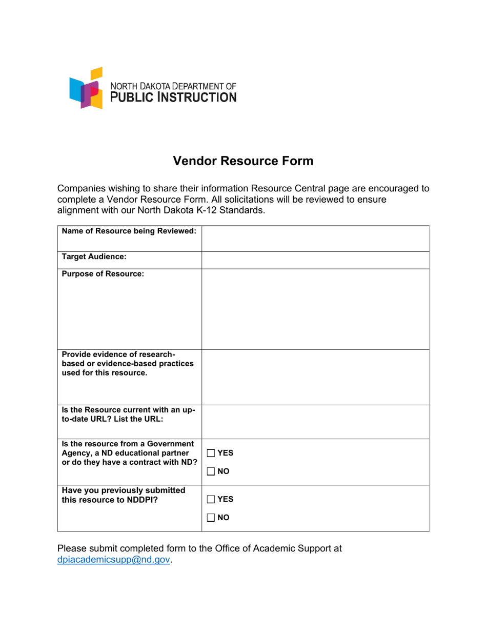 Vendor Resource Form - North Dakota, Page 1