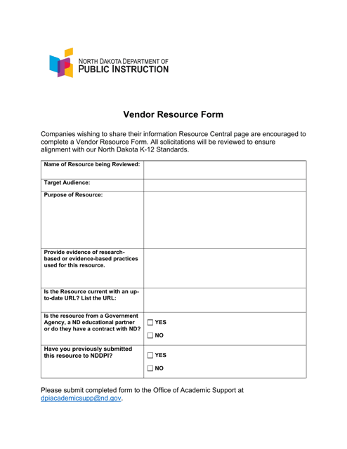 Vendor Resource Form - North Dakota