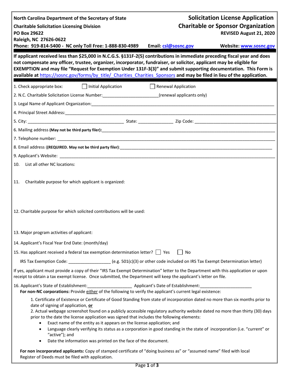 Solicitation License Application - Charitable or Sponsor Organization - North Carolina, Page 1