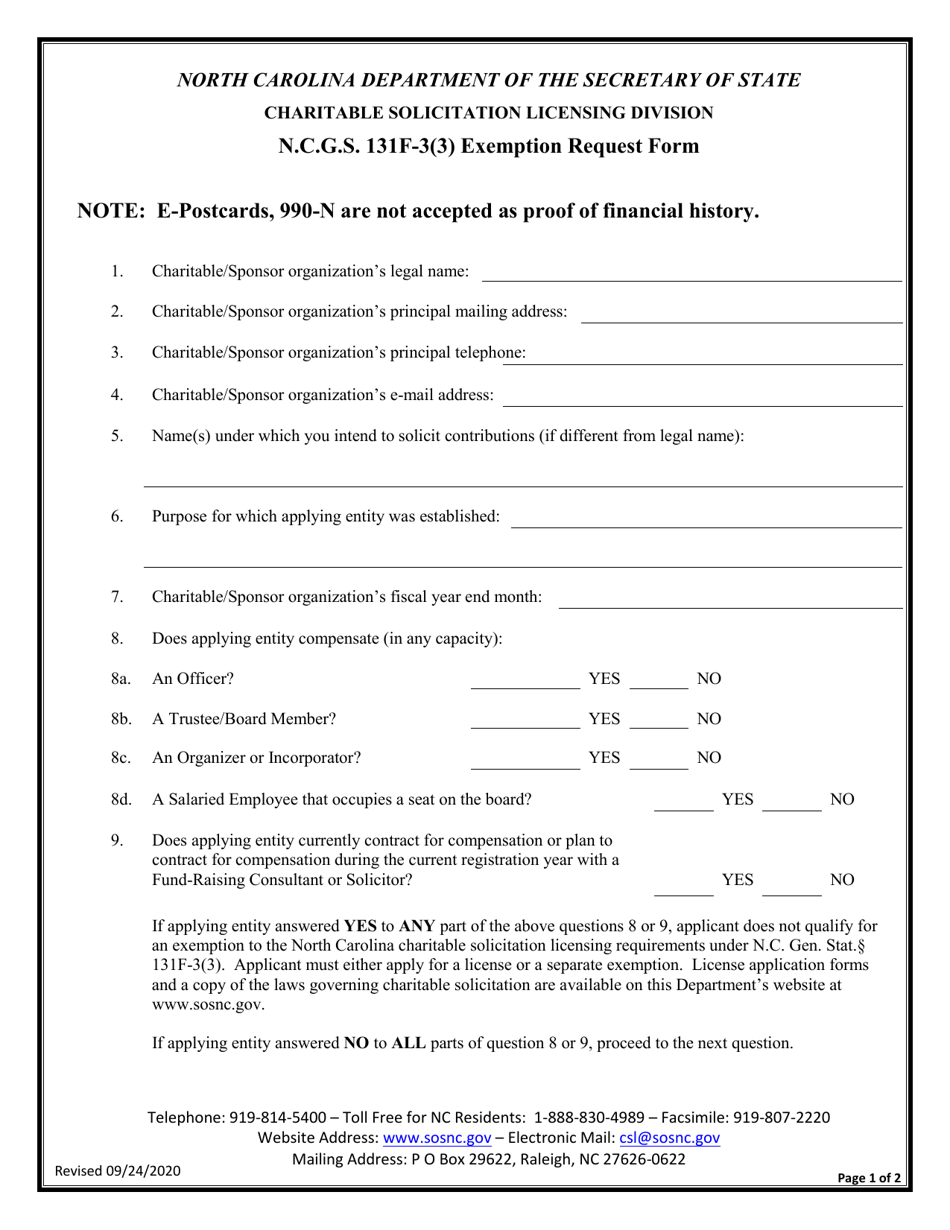 Exemption Request Form - North Carolina, Page 1