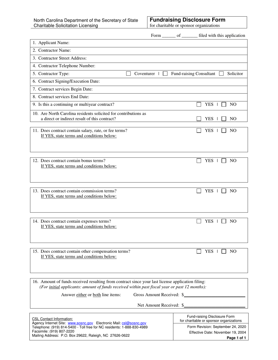 Fundraising Disclosure Form for Charitable or Sponsor Organizations - North Carolina, Page 1