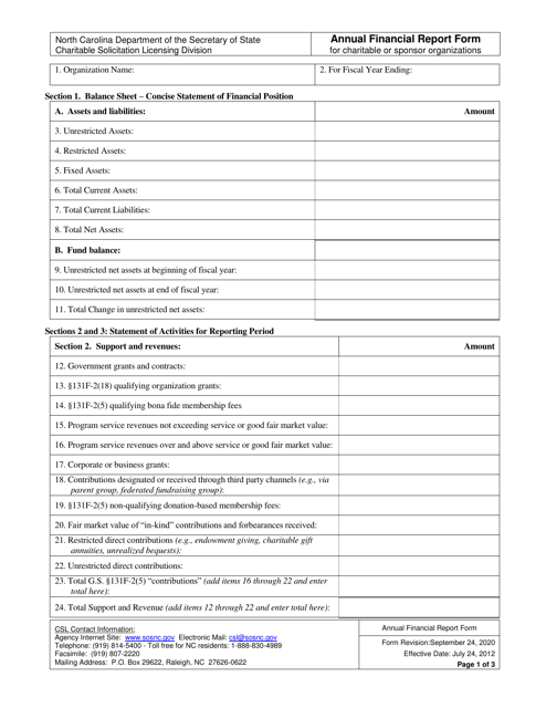 Annual Financial Report Form for Charitable or Sponsor Organizations - North Carolina Download Pdf